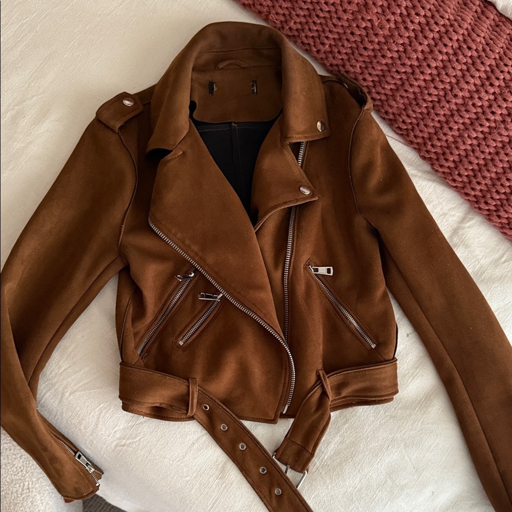 Brown Women's Faux Suede Biker Jacket